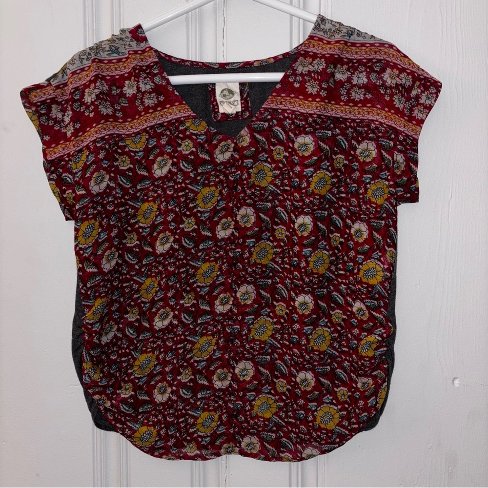 TINY anthropologie women’s XS red floral sheer top with gray jersey back